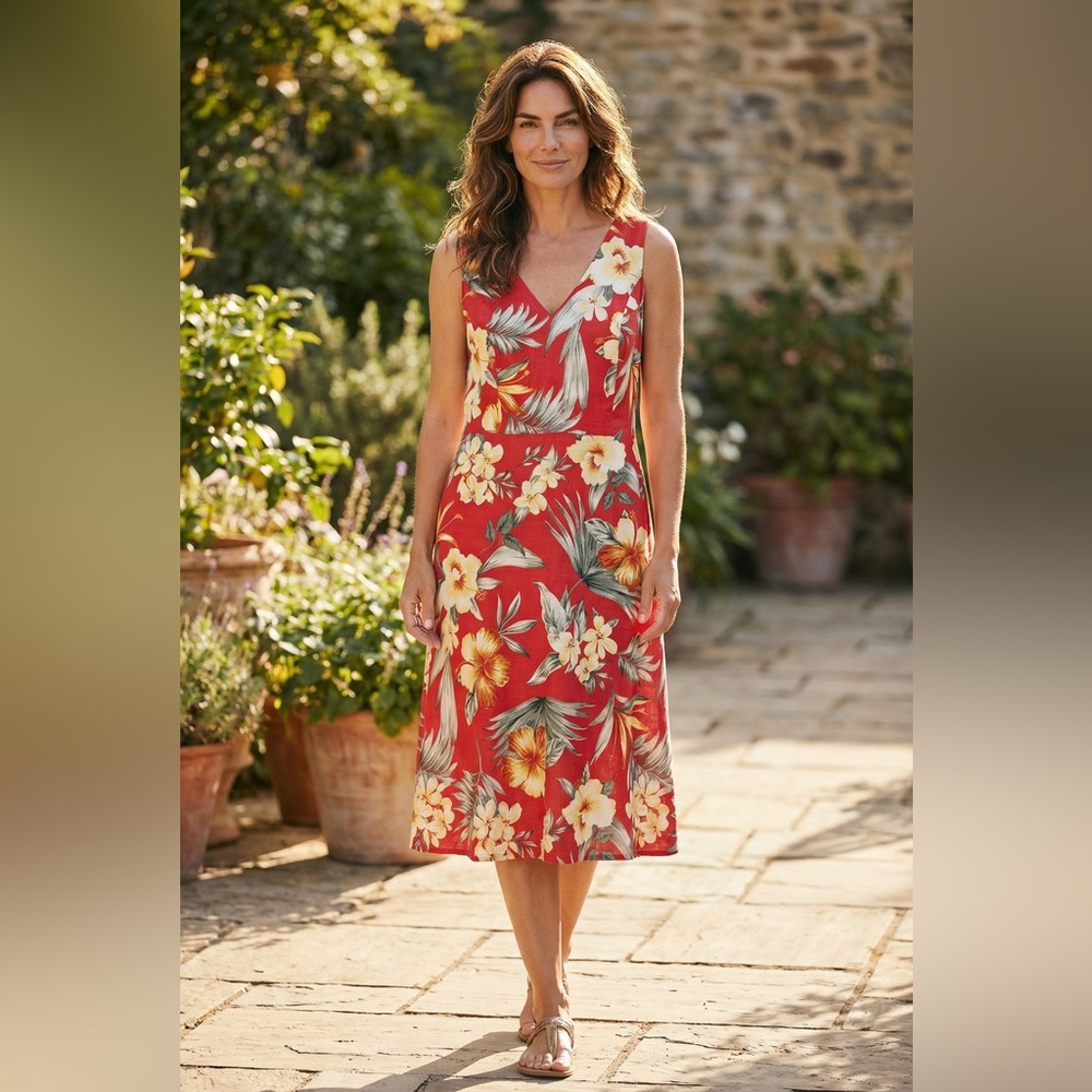 Tommy Bahama Coral Red Tropical Dress 100% silk